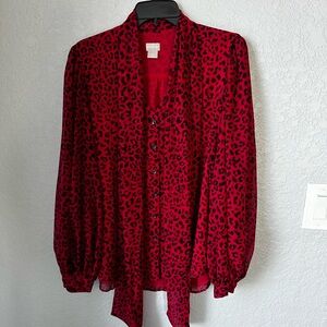 Chicos Animal-Print Bow Shirt Size 8/10 Red